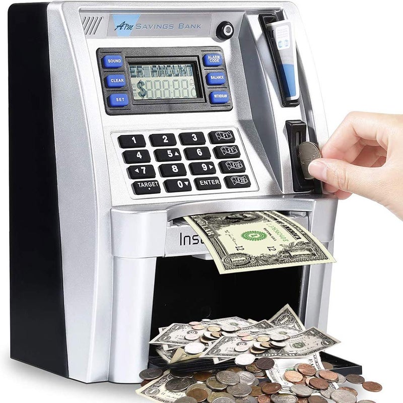 LB 2024 Upgraded ATM Piggy Bank for Real Money ATM Savings Bank Machine for Kids Adults with Card Mini ATM Money Machine Coin Bill Feeder Educational Toy Christmas Birthday Gift(Silver/Black) - Image 1